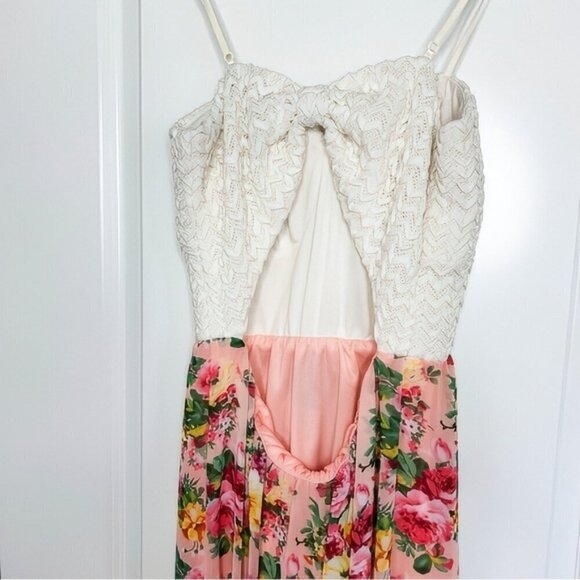 Pink Floral Maxi Dress White Crochet Bustier Partially Open Back Speghetti Strap - Picture 6 of 10